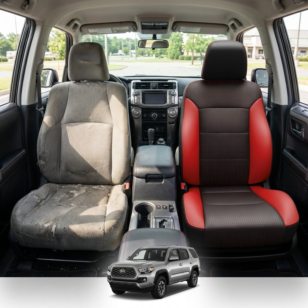 Before-and-after comparison of front seats, showing cloth seat upgraded to perforated leather upholstery.