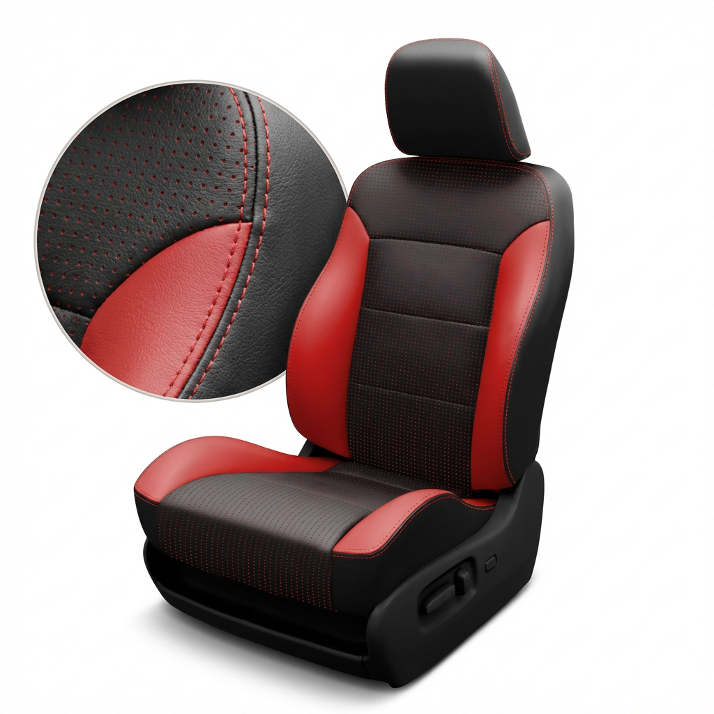 Black and red car seat cover with detailed stitching on a white background