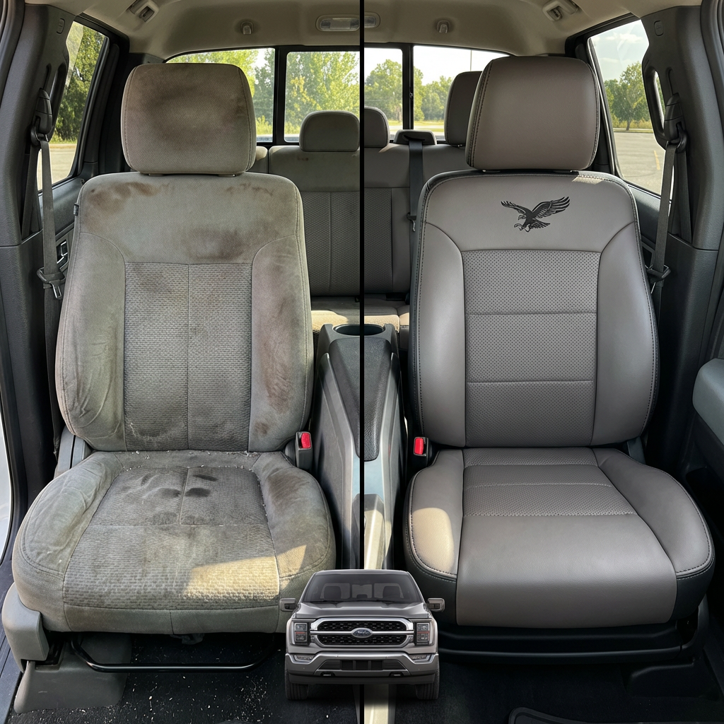 Before-and-after comparison of front seats, showing cloth seat upgraded to perforated leather upholstery.