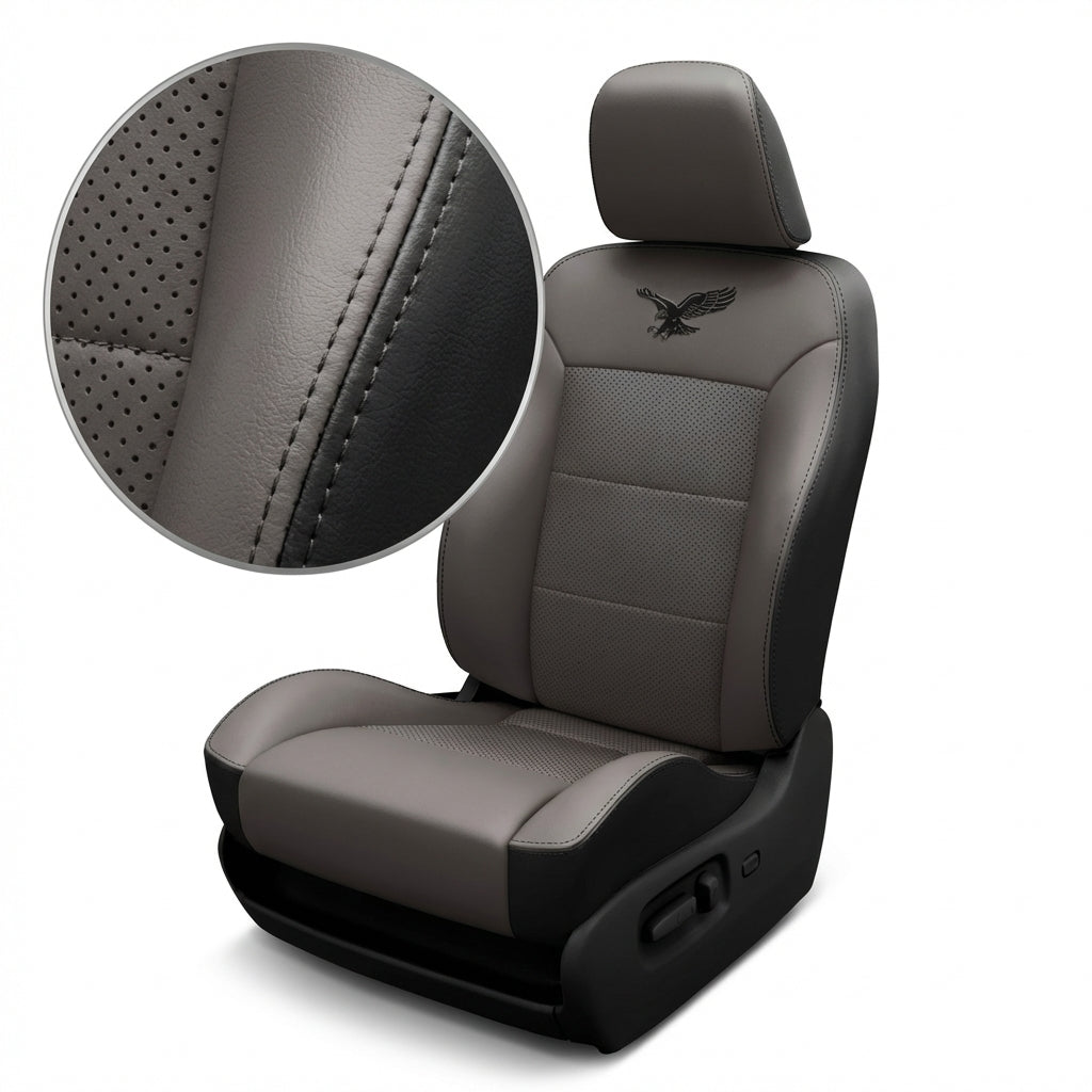 Gray car seat with detailed stitching and a close-up of the material on a white background