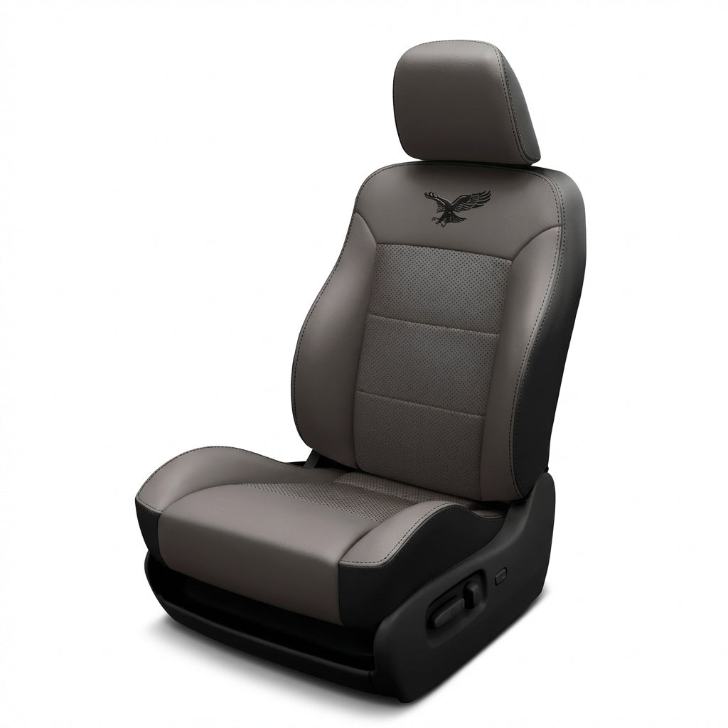 Gray car seat with black accents on a white background
