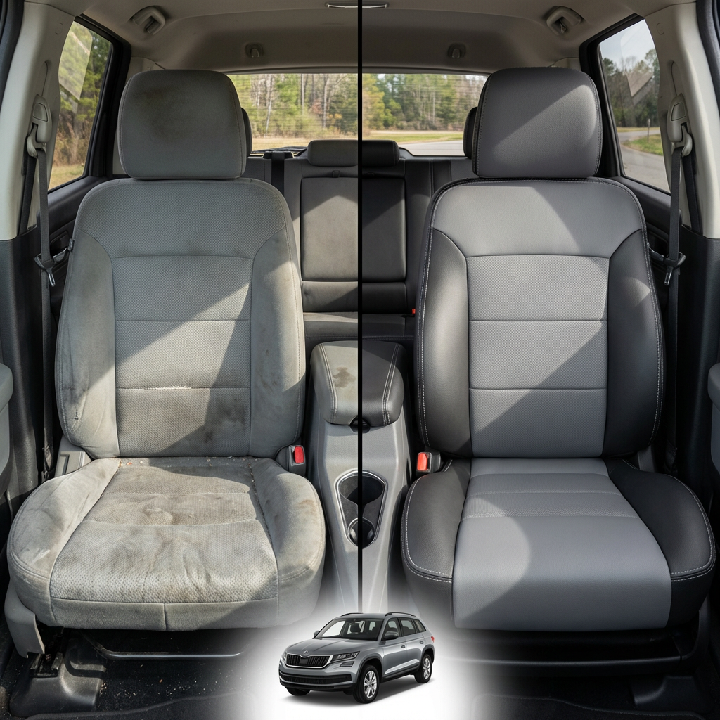 Before-and-after comparison of front seats, showing cloth seat upgraded to perforated leather upholstery.
