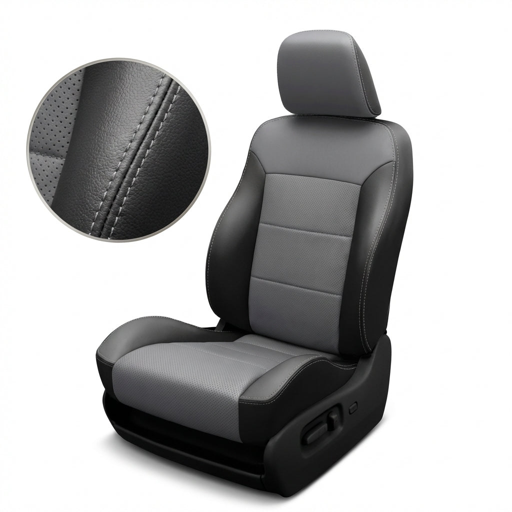 Gray car seat cover with detailed stitching on a white background