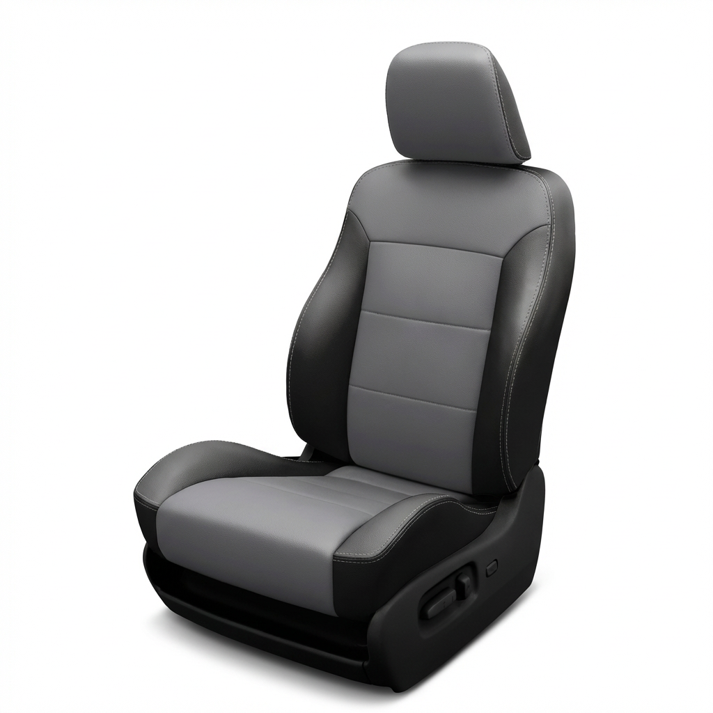 Gray car seat with black accents on a white background
