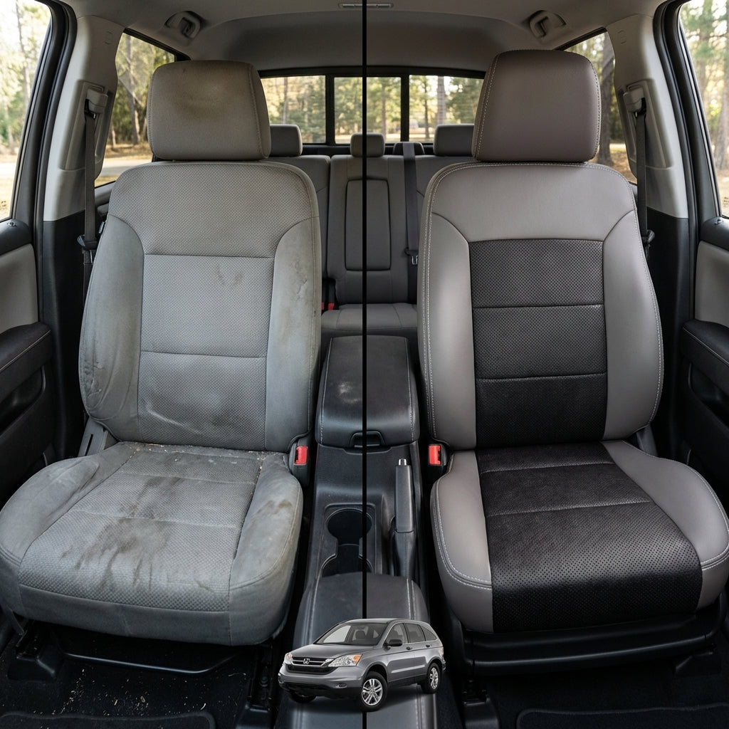 Before-and-after comparison of front seats, showing cloth seat upgraded to perforated leather upholstery.