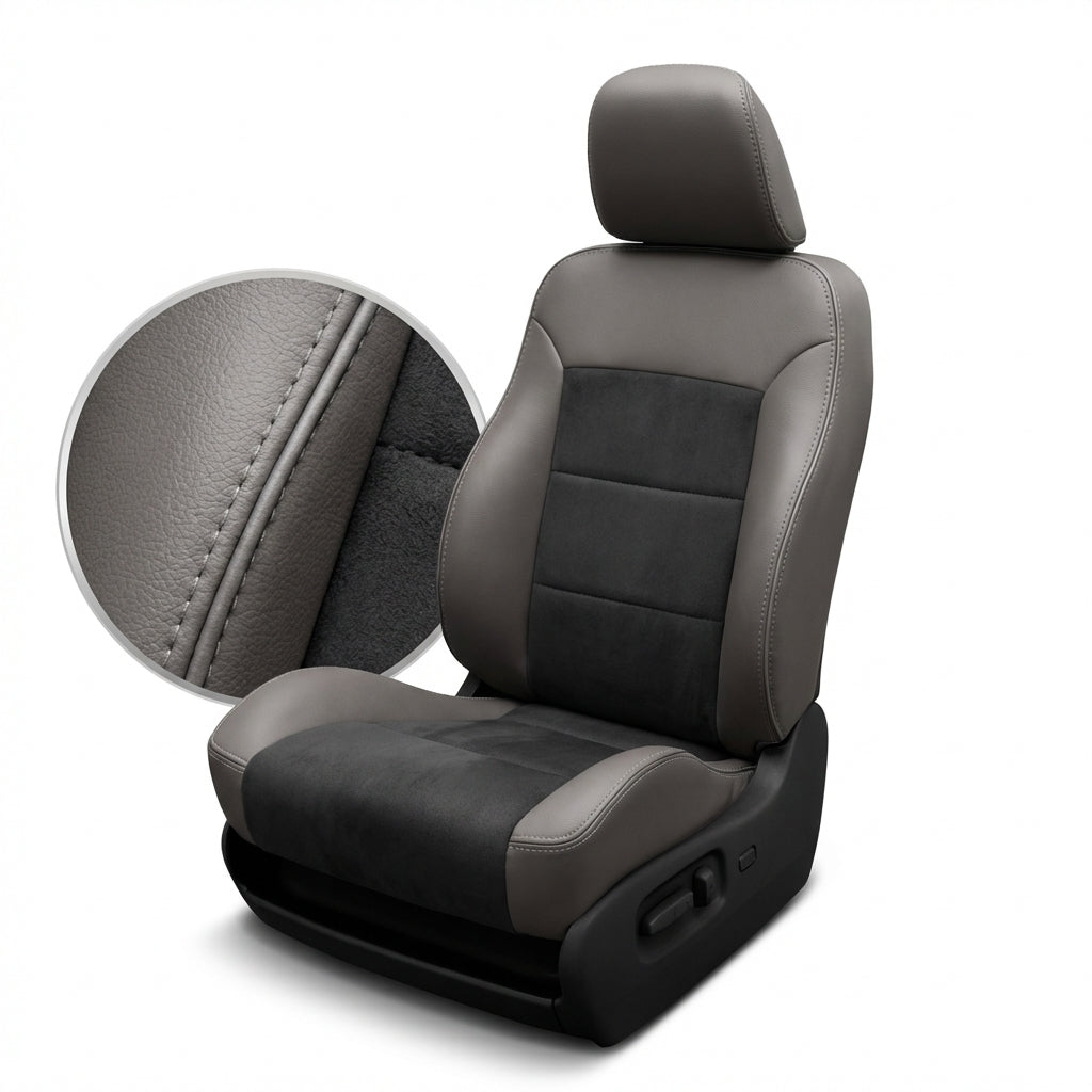 Gray car seat with detailed stitching on a white background