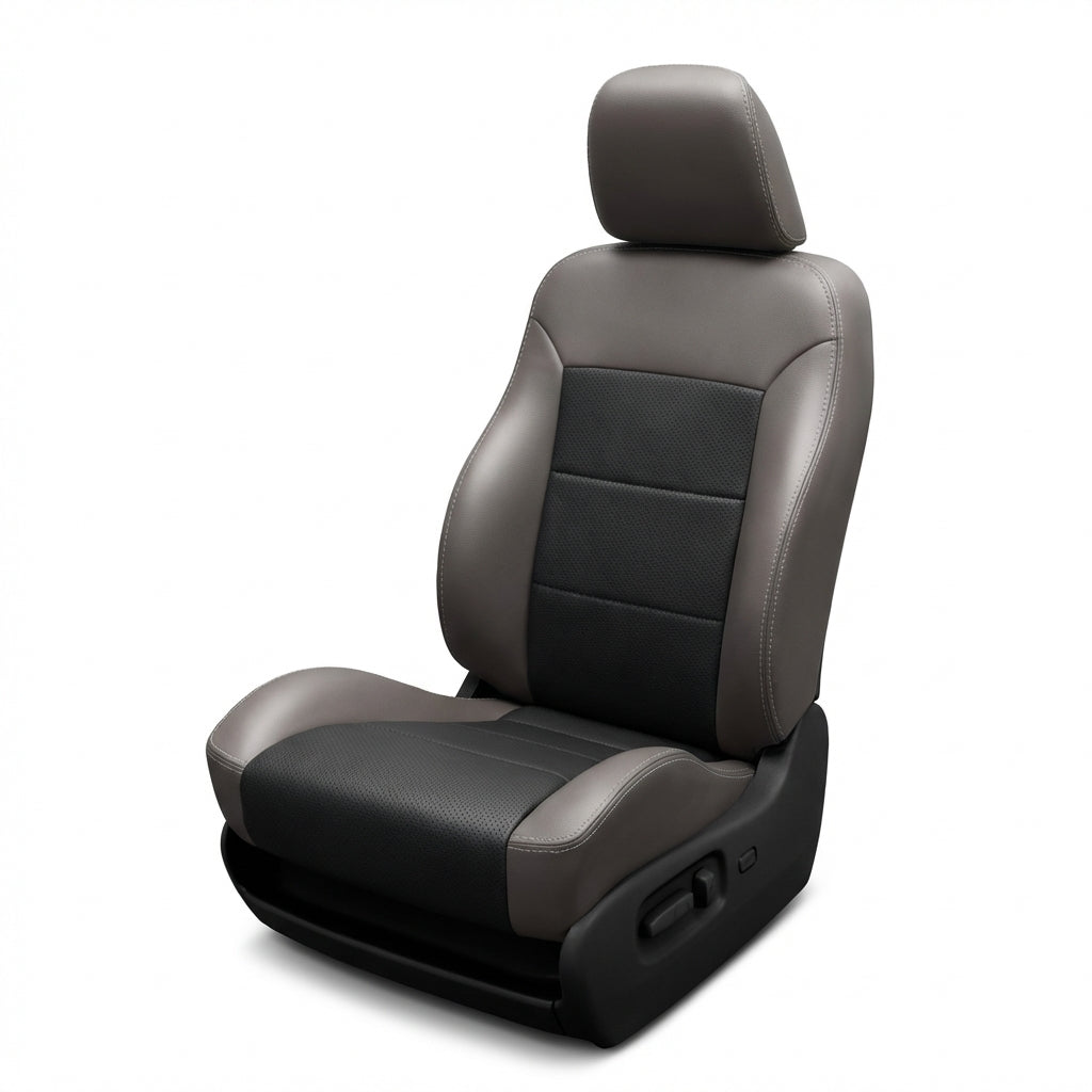 Gray car seat with headrest on a white background