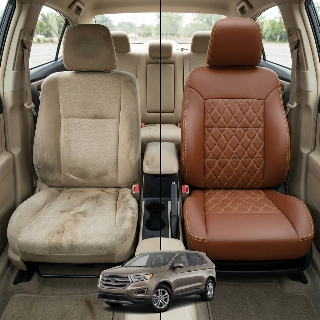 Comparison of dirty beige car seats with clean brown quilted seats inside a vehicle.
