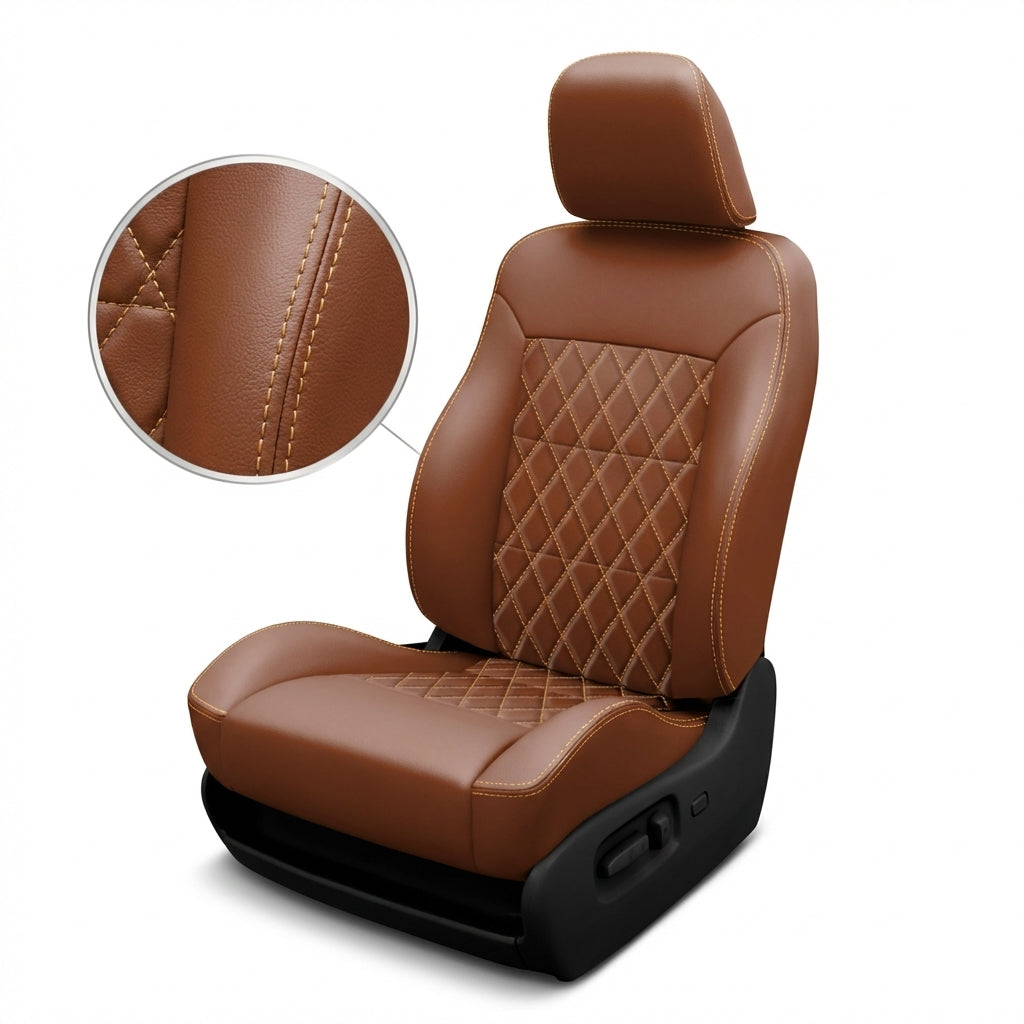 Brown leather car seat with diamond pattern stitching on a white background