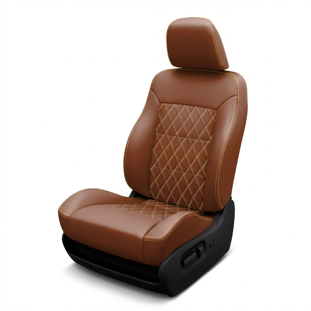 Brown leather car seat with diamond stitching on a white background