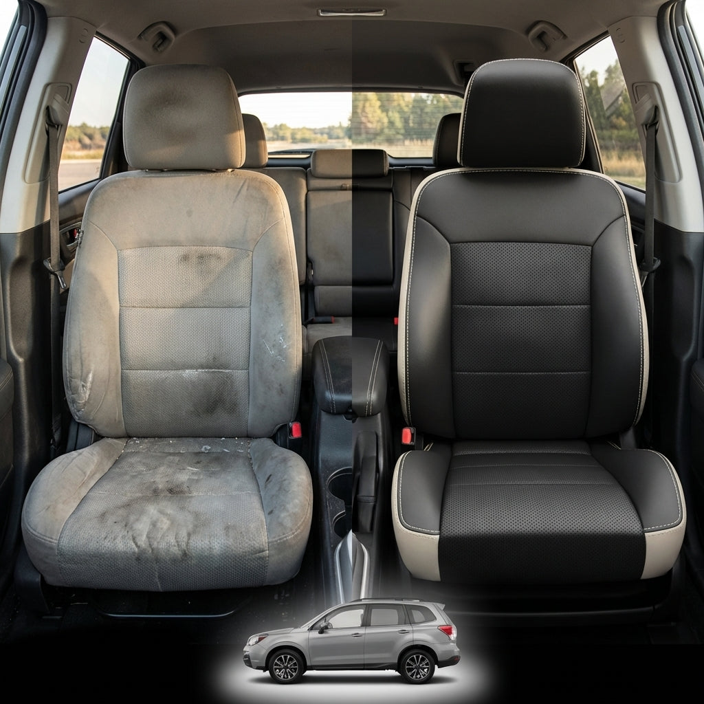 Before-and-after comparison of front seats, showing cloth seat upgraded to perforated leather upholstery.