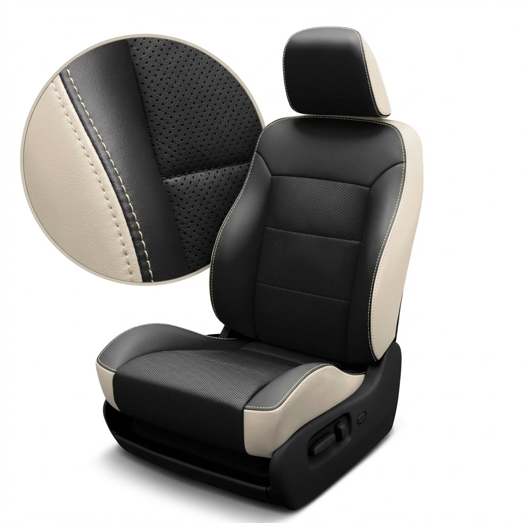 Black and beige car seat cover with detailed texture on a white background