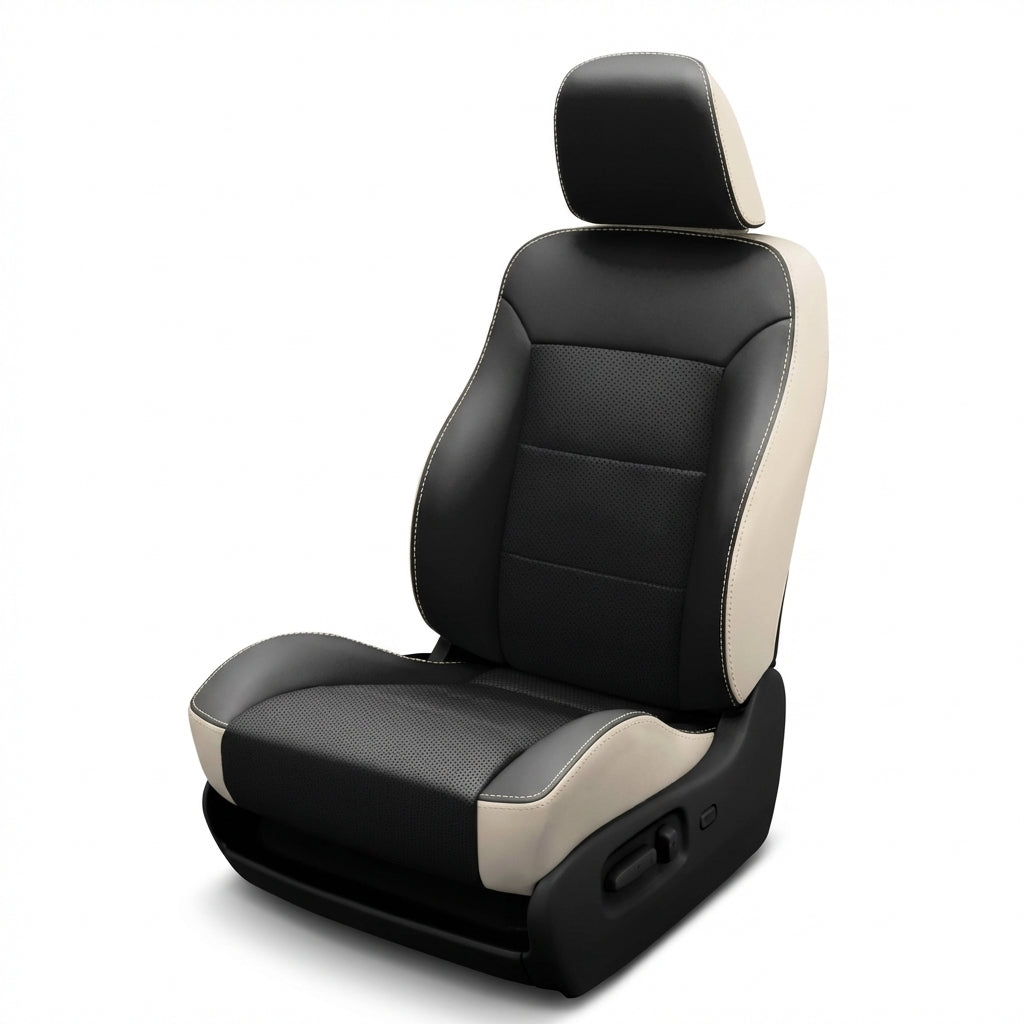 Black and beige car seat on a white background