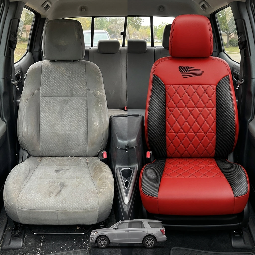 Before-and-after comparison of front seats, showing cloth seat upgraded to perforated leather upholstery.