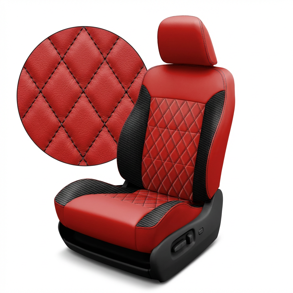 Red car seat cover with diamond pattern and black accents on a white background
