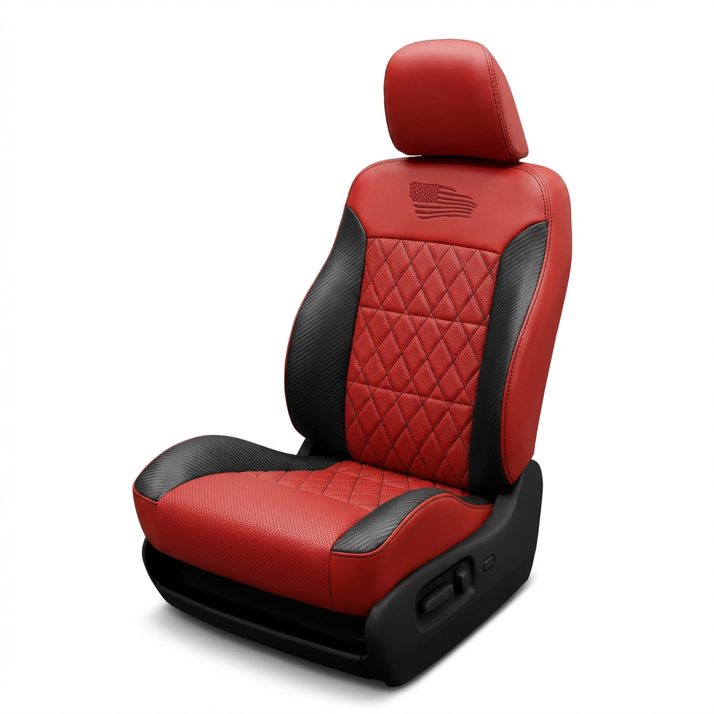 Red and black car seat with quilted design on a white background