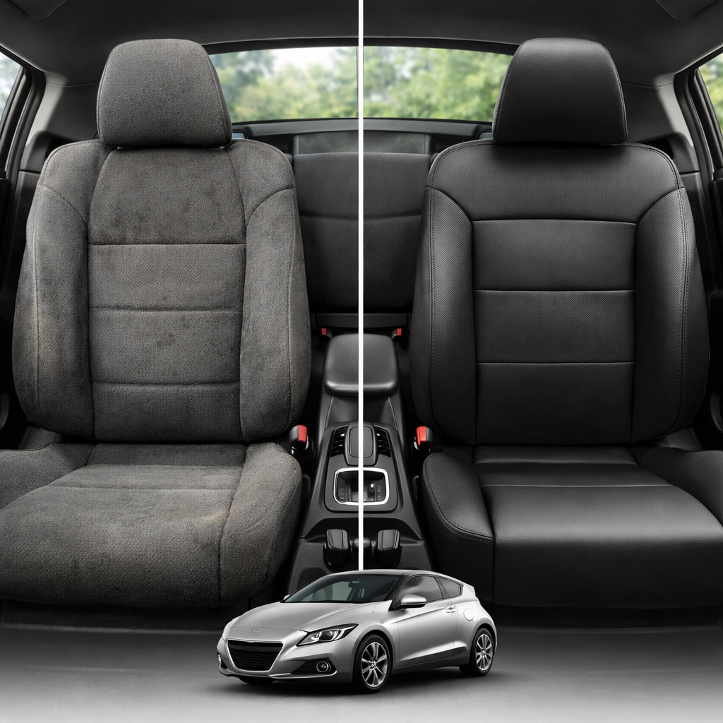 Before-and-after comparison of front seats, showing cloth seat upgraded to perforated leather upholstery.