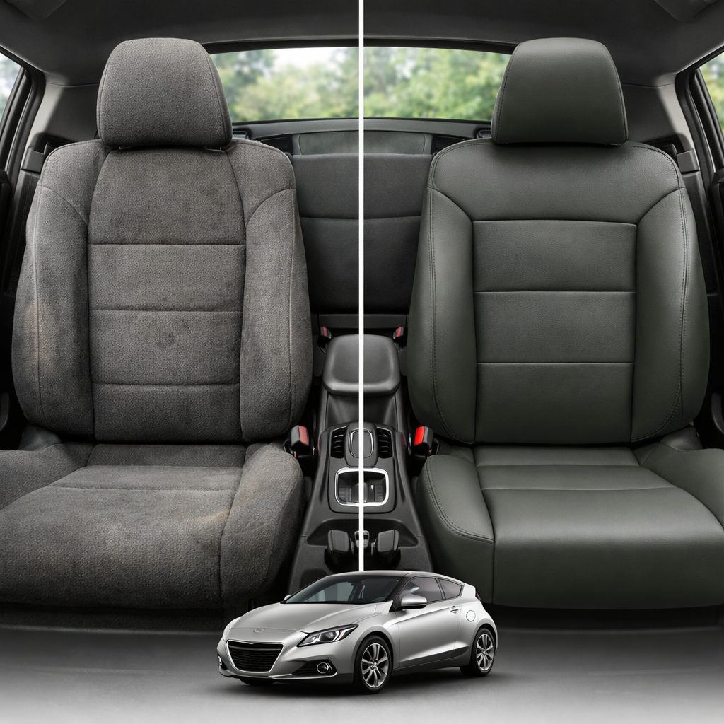 Before-and-after comparison of front seats, showing cloth seat upgraded to perforated leather upholstery.