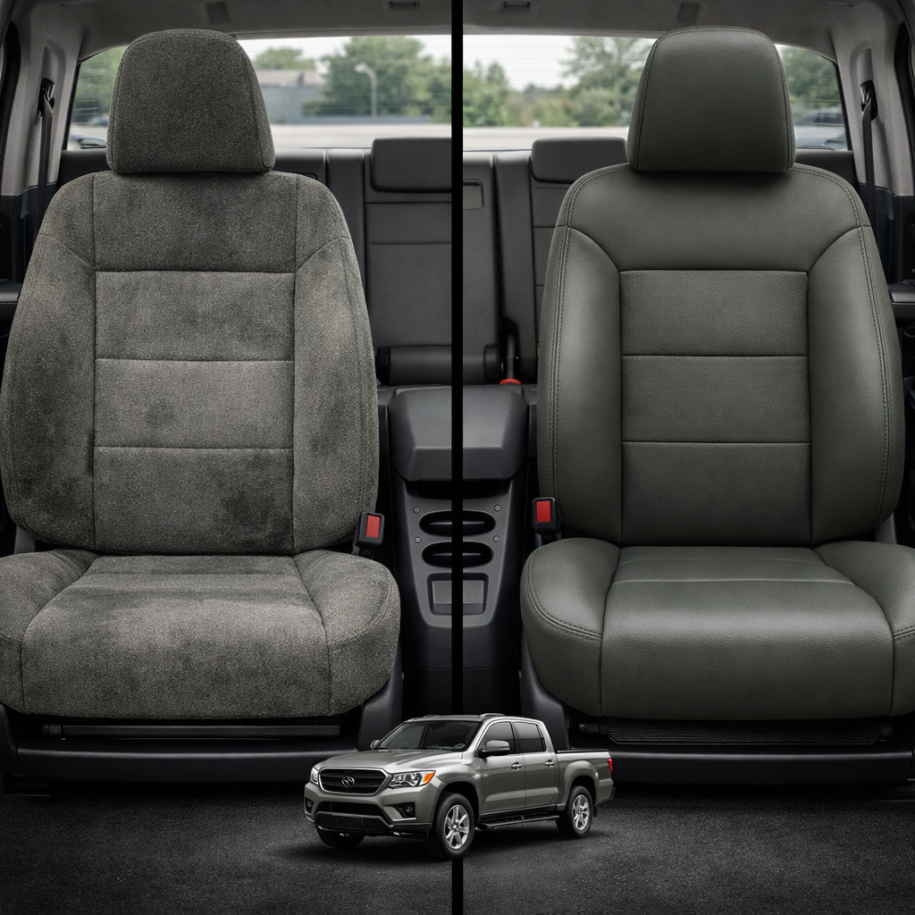 Before-and-after comparison of front seats, showing cloth seat upgraded to perforated leather upholstery.