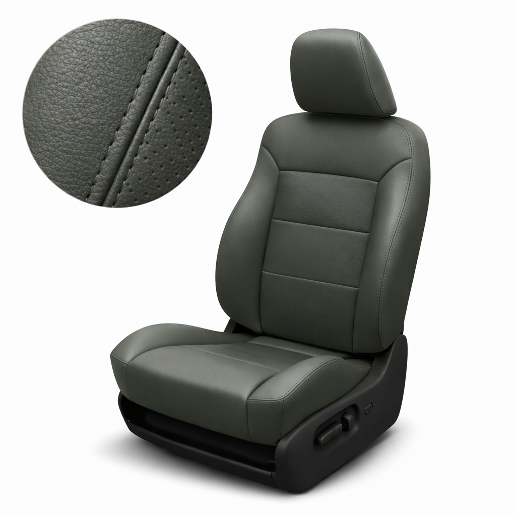 Gray car seat with close-up of stitching detail on a white background