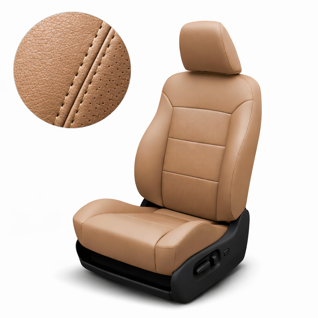 Tan leather car seat cover with detailed stitching on a white background