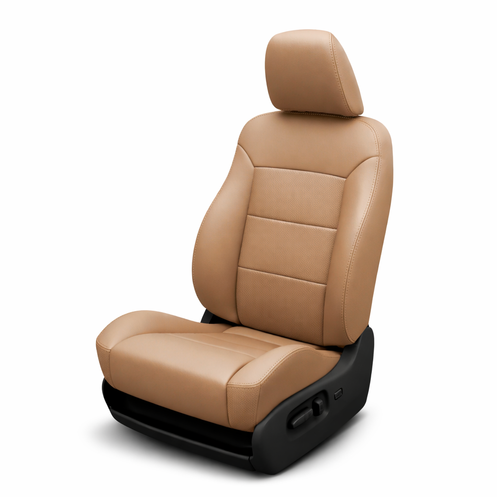 Tan car seat with black base on a white background