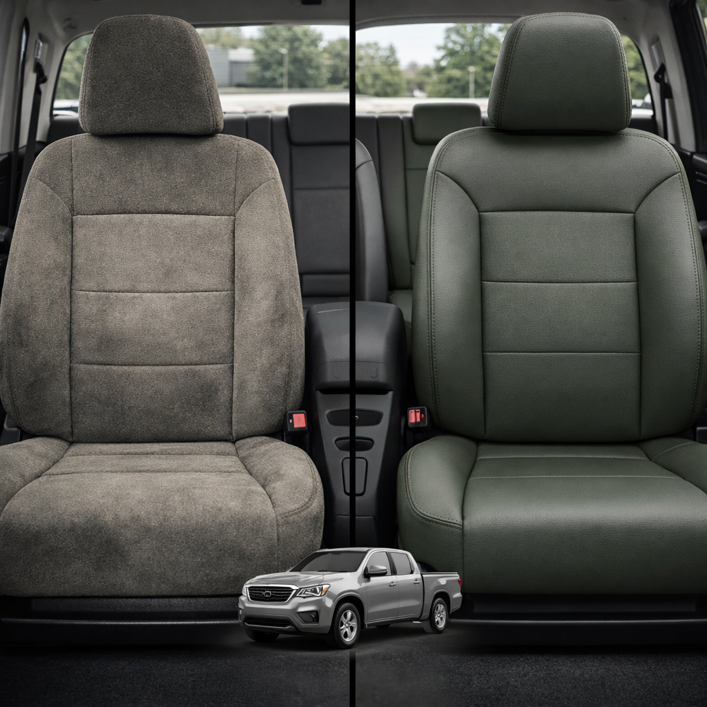 Before-and-after comparison of front seats, showing cloth seat upgraded to perforated leather upholstery.