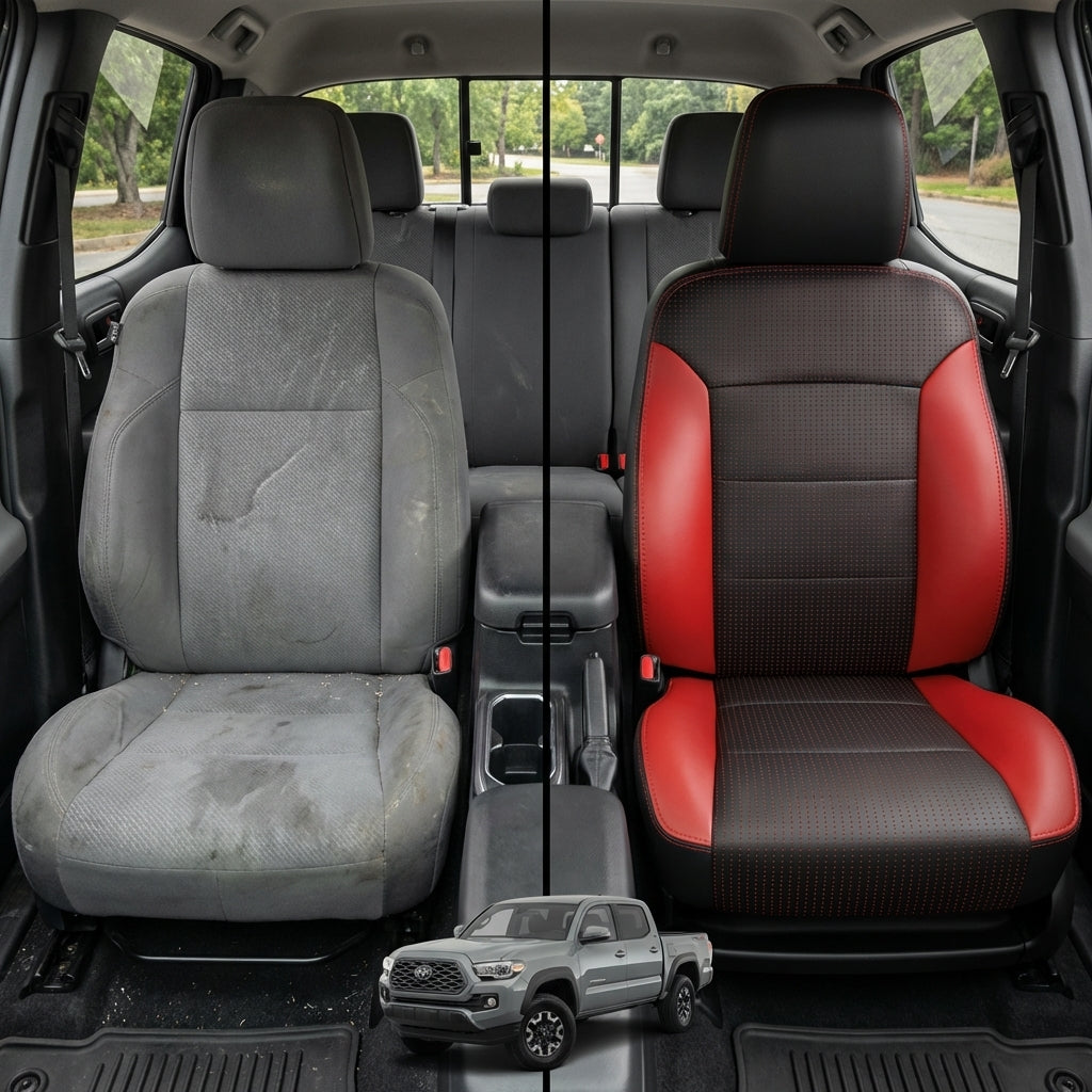 Before-and-after comparison of front seats, showing cloth seat upgraded to perforated leather upholstery.