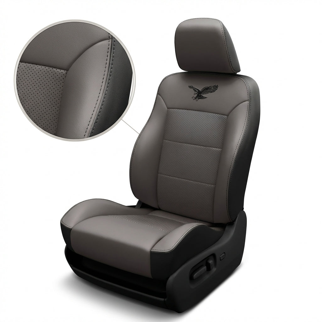 Gray car seat with detailed texture and brand logo on a white background