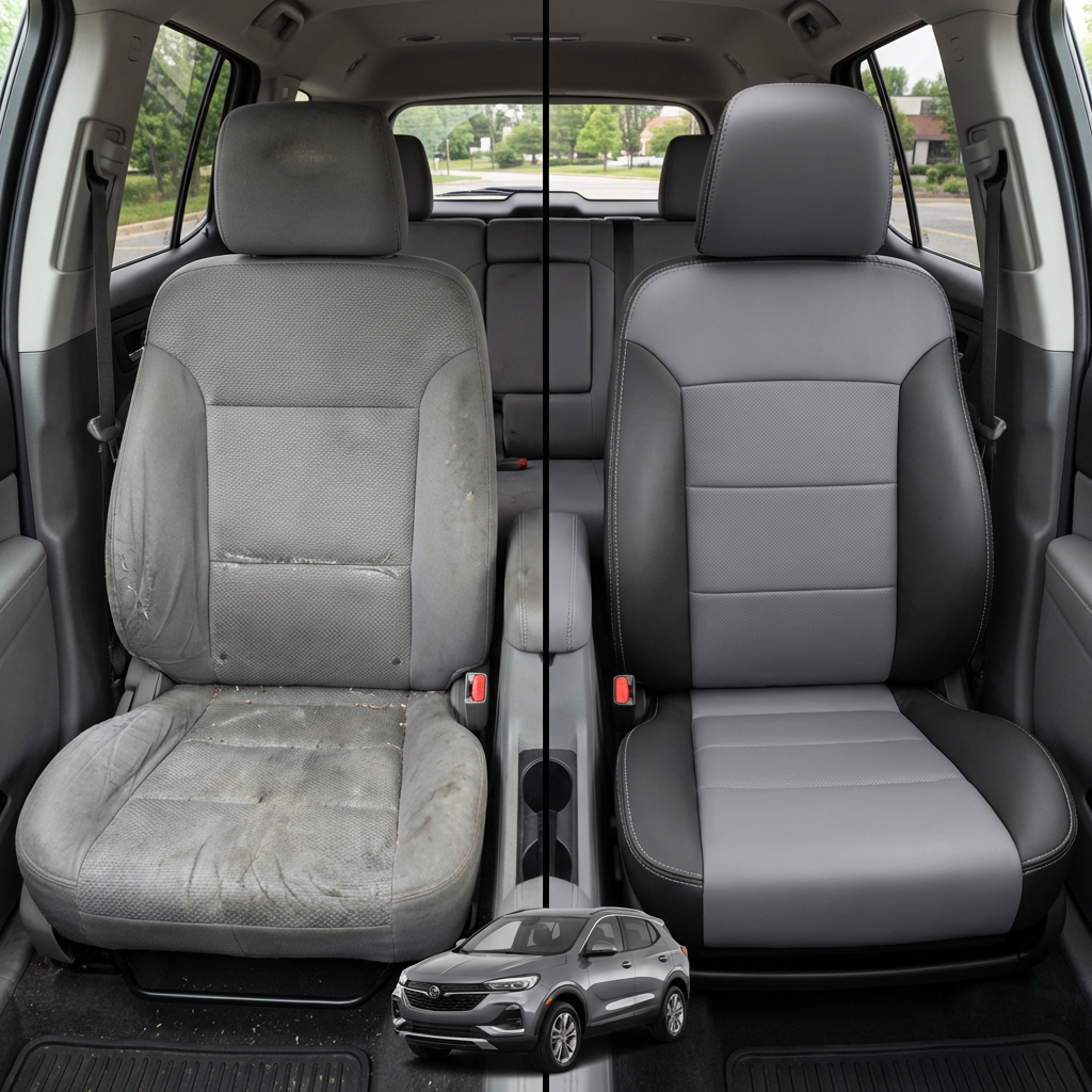 Before-and-after comparison of front seats, showing cloth seat upgraded to perforated leather upholstery.