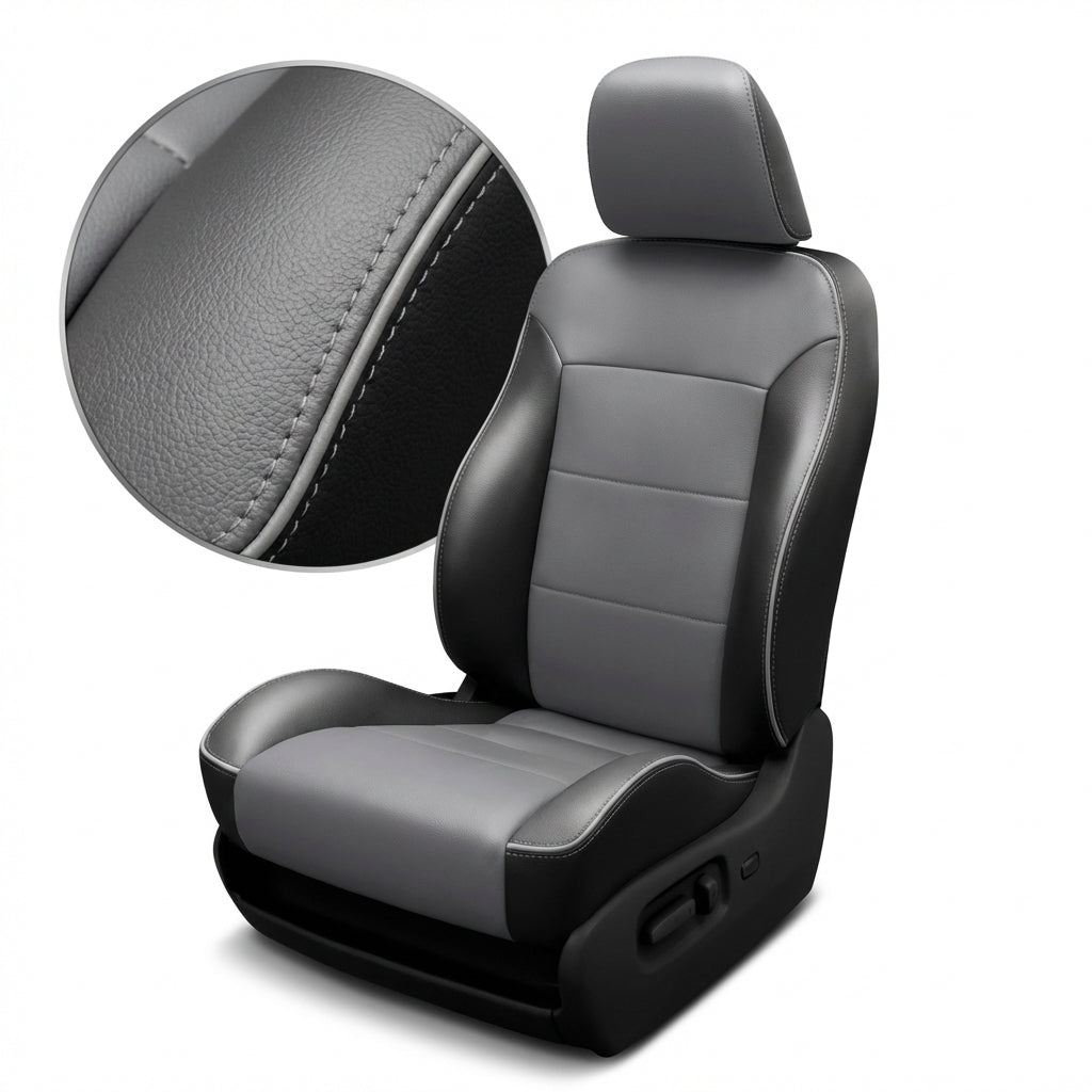 Gray car seat cover with detailed texture on a white background
