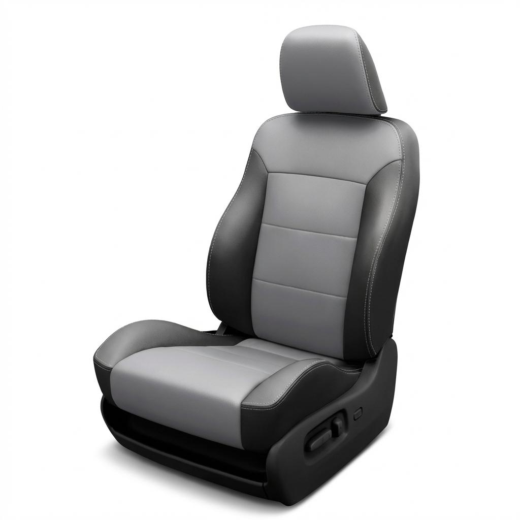 Gray car seat with black accents on a white background