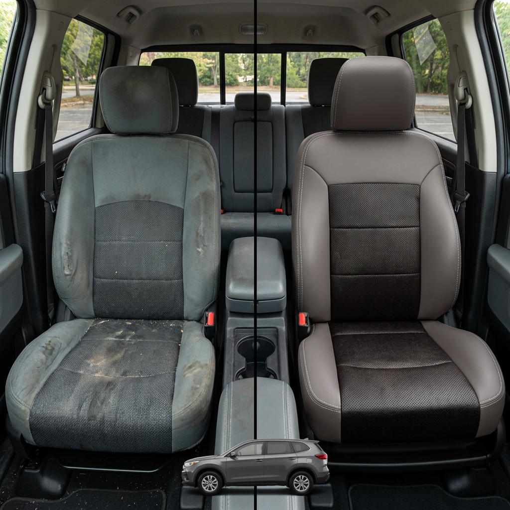 Before-and-after comparison of front seats, showing cloth seat upgraded to perforated leather upholstery.