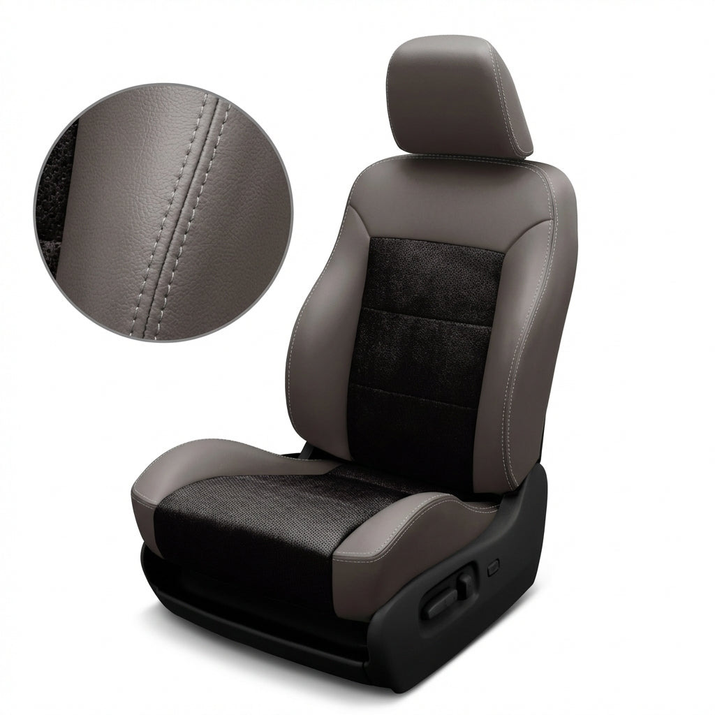 Gray car seat cover with black accents and detailed stitching on a white background