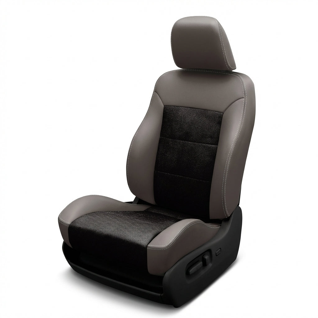 Gray car seat with black mesh backrest on a white background