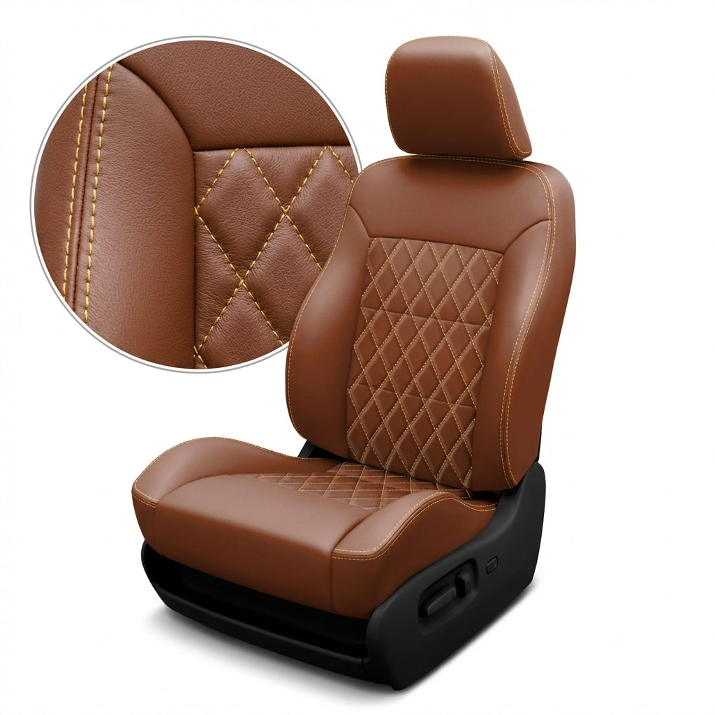Brown leather car seat with diamond pattern stitching on a white background