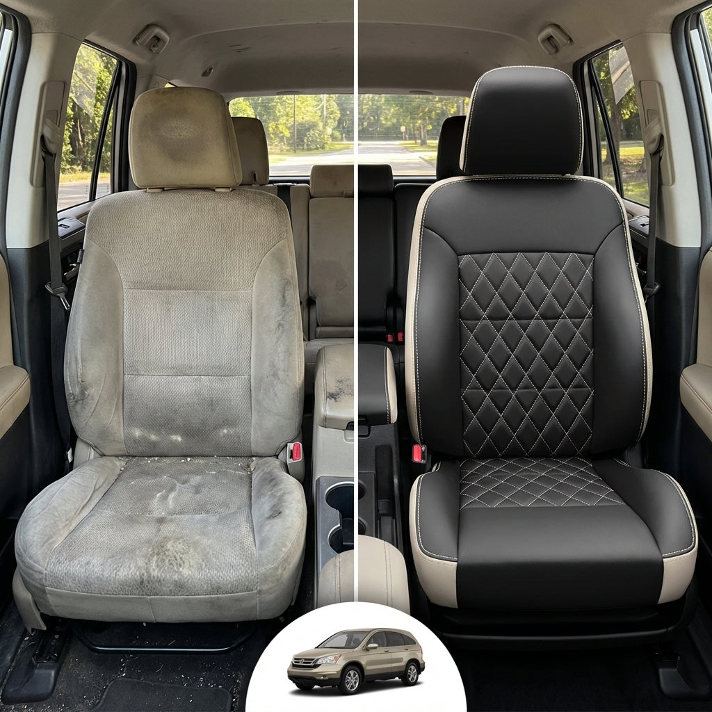 Before-and-after comparison of front seats, showing cloth seat upgraded to perforated leather upholstery.