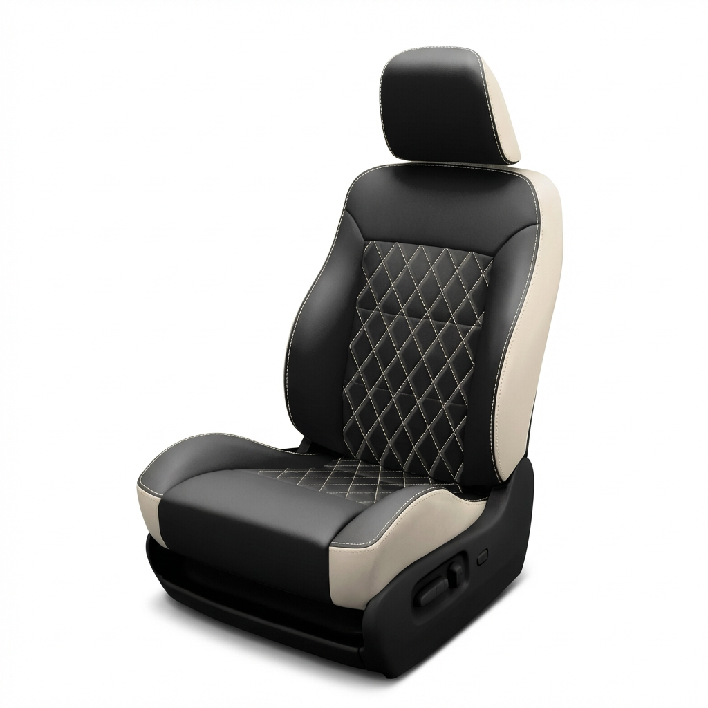 Black and beige car seat cover with diamond pattern on a white background