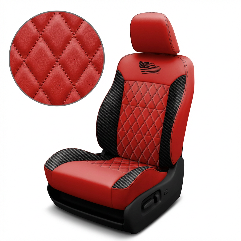 Red and black quilted car seat cover with close-up of texture on a white background