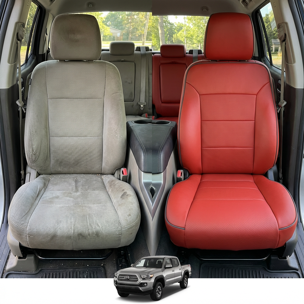 Before-and-after comparison of front seats, showing cloth seat upgraded to perforated leather upholstery.