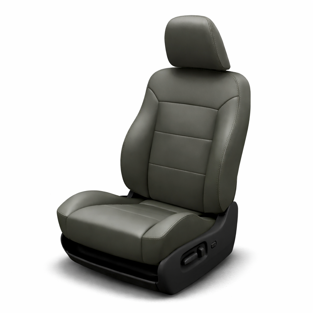 Gray car seat with headrest on a white background