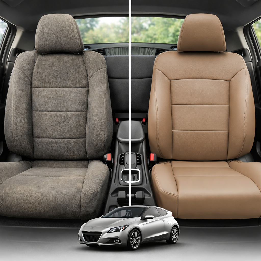 Before-and-after comparison of front seats, showing cloth seat upgraded to perforated leather upholstery.