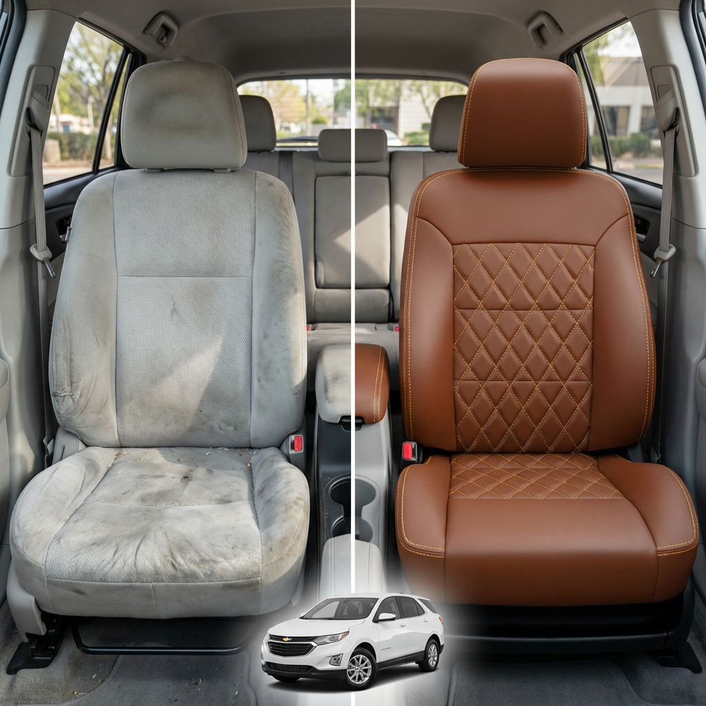 Before-and-after comparison of front seats, showing cloth seat upgraded to perforated leather upholstery.