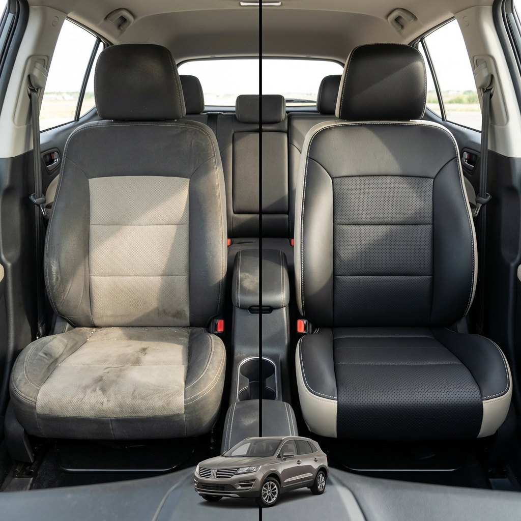 Before-and-after comparison of front seats, showing cloth seat upgraded to perforated leather upholstery.