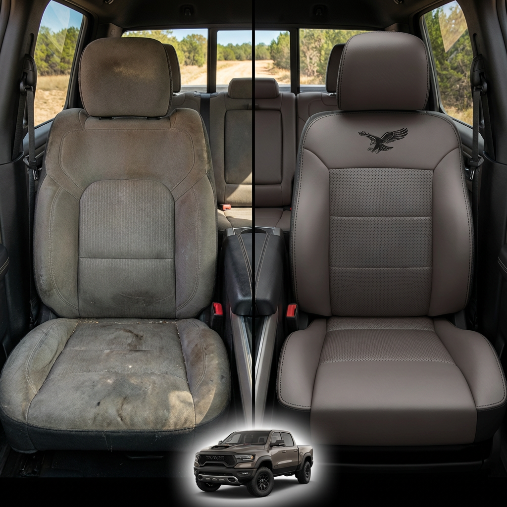 Before-and-after comparison of front seats, showing cloth seat upgraded to perforated leather upholstery.
