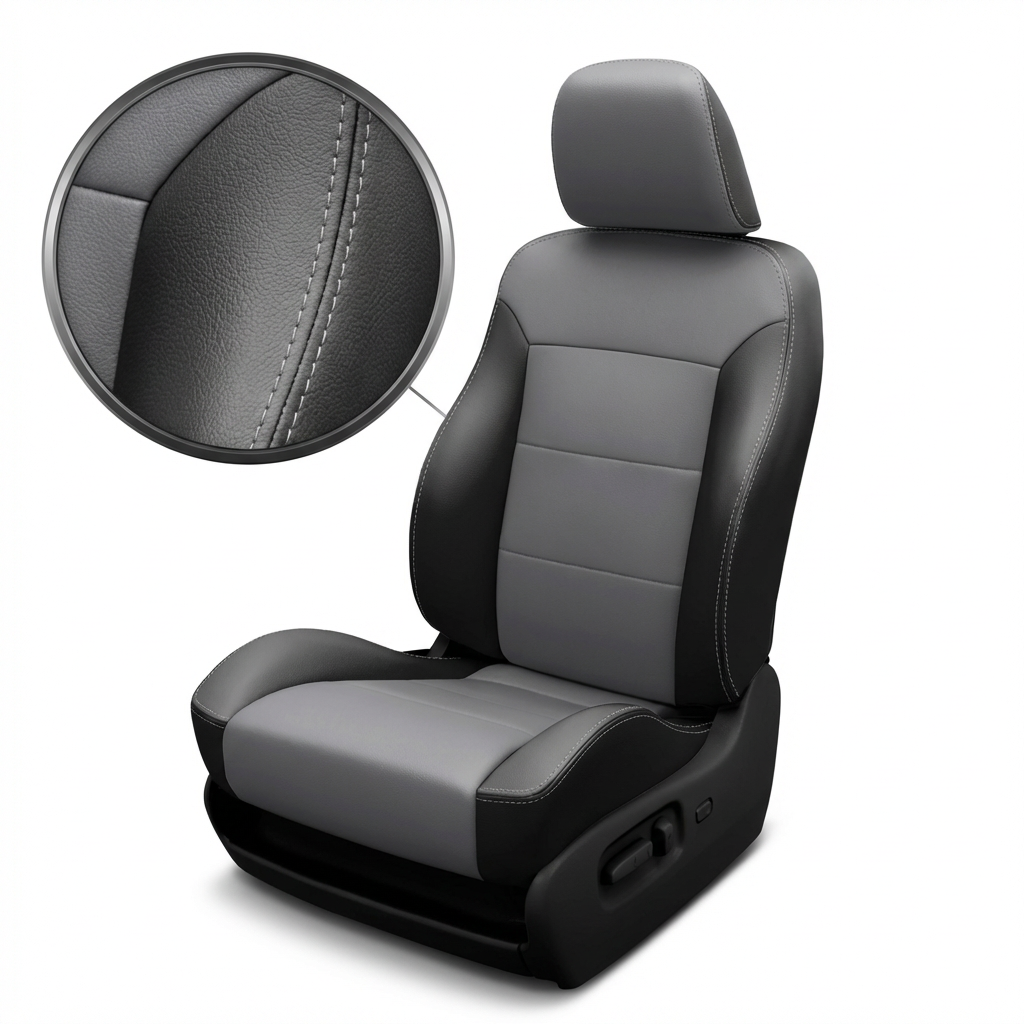 Gray car seat with close-up of stitching detail on a white background