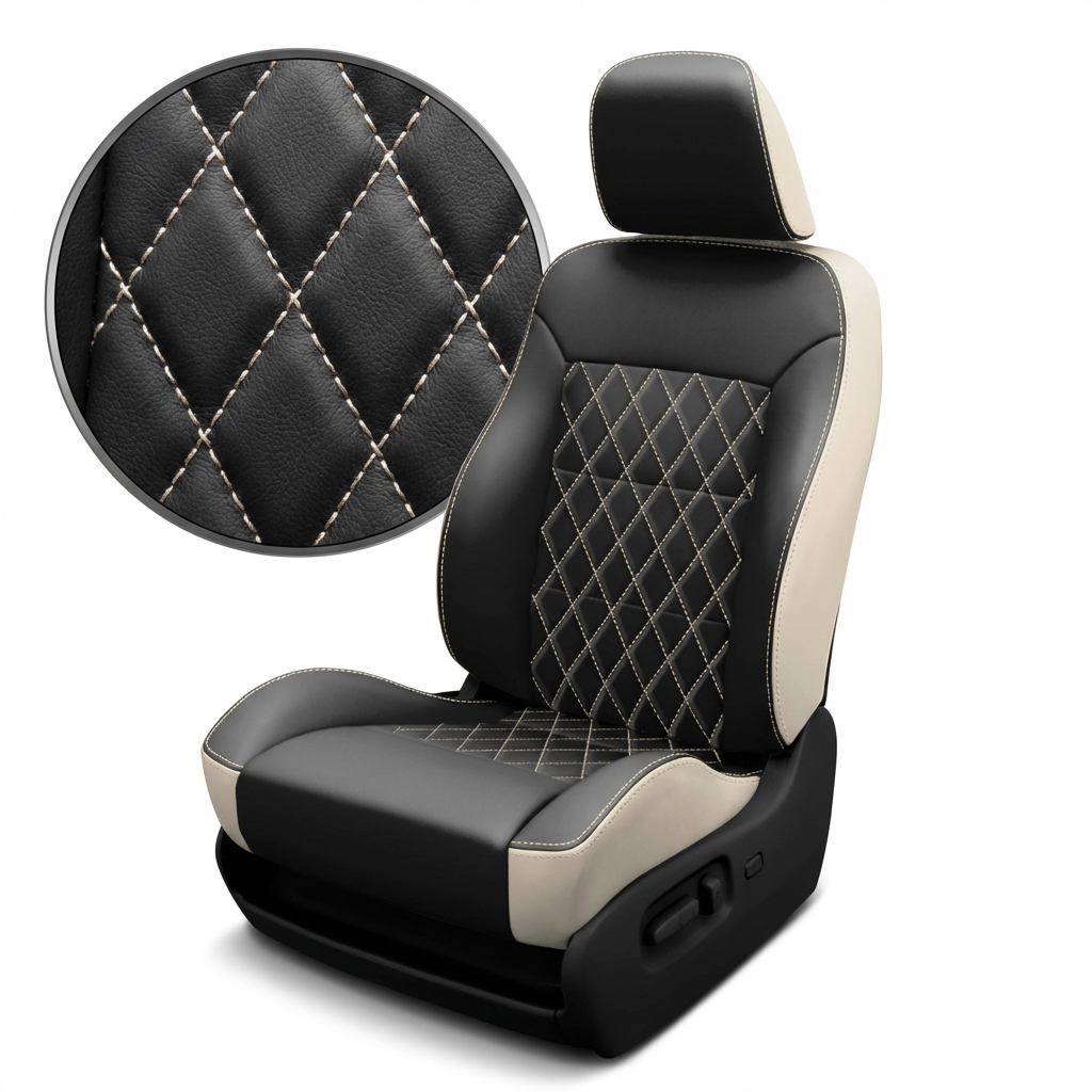 Black and beige car seat cover with diamond pattern stitching on a white background