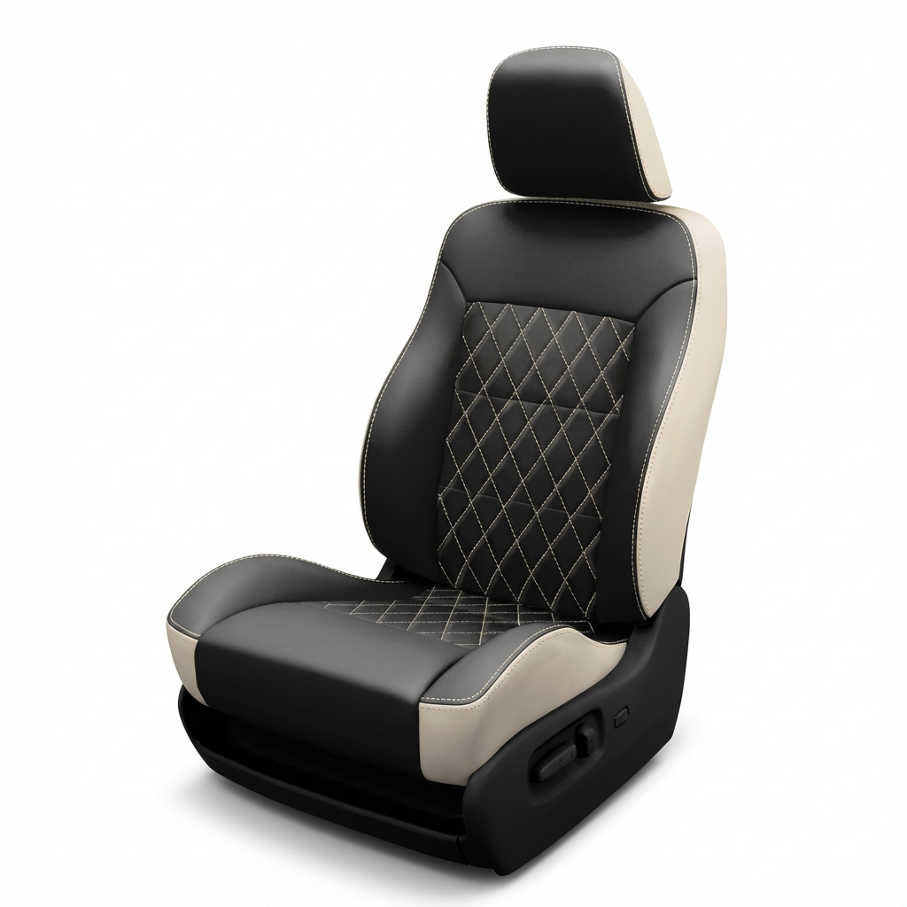 Black and beige car seat with diamond pattern on a white background