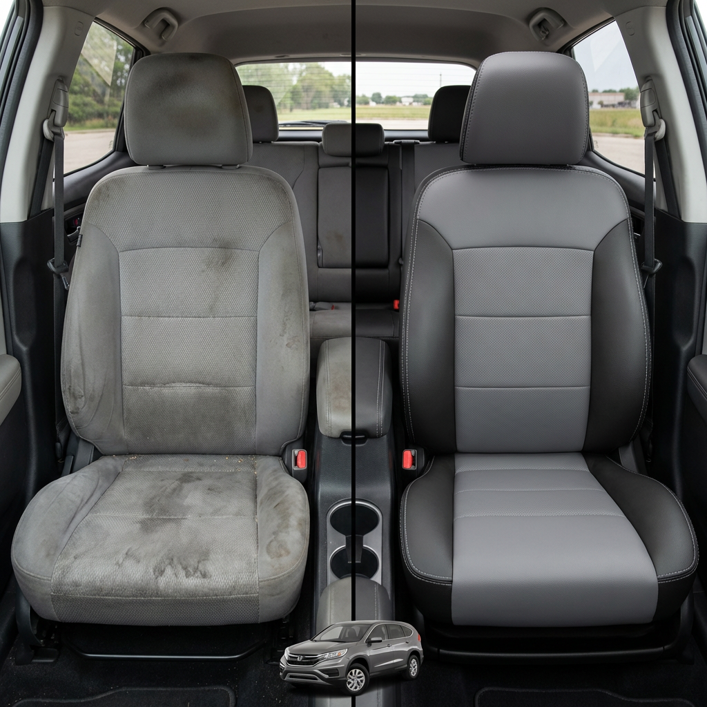 Before-and-after comparison of front seats, showing cloth seat upgraded to perforated leather upholstery.