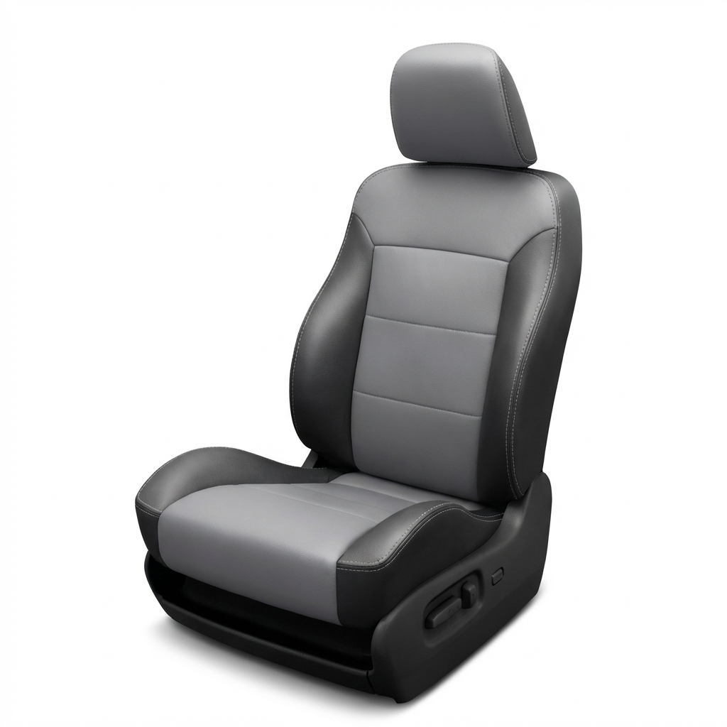 Gray car seat with black accents on a white background